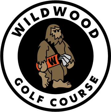 Sasquatch carries a golf bag in the Wildwood Golf Course logo