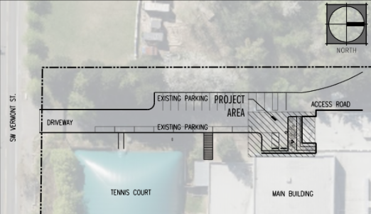 drawing shows the project area as a square between existing parking and the main building