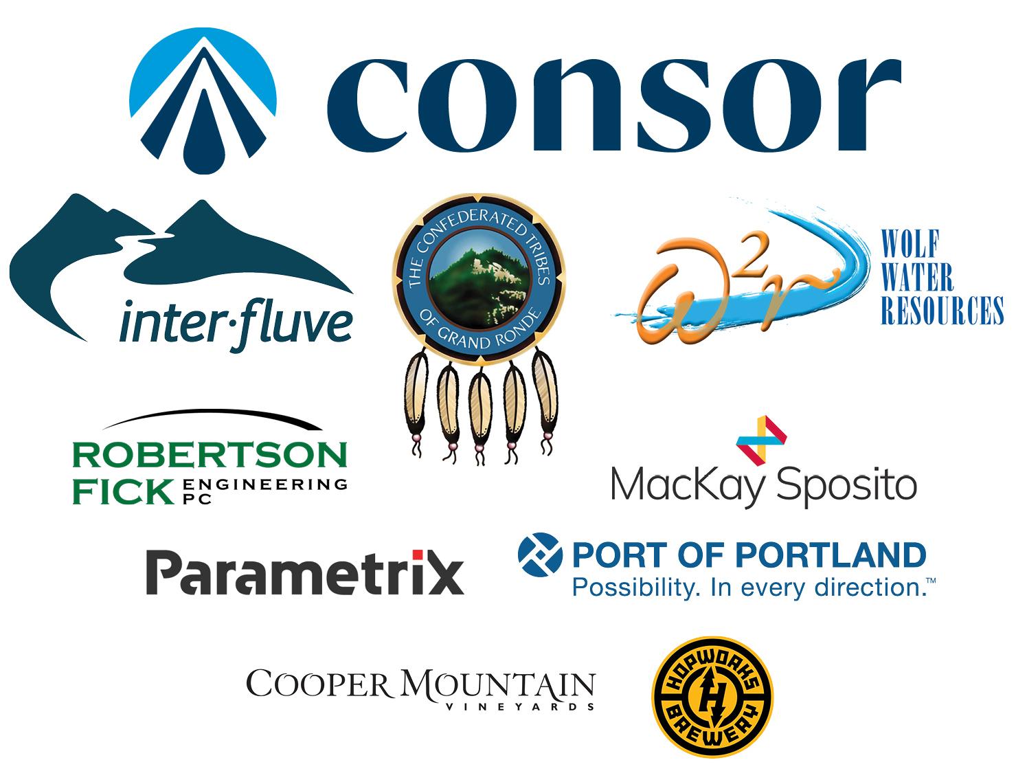 Consor, Inter-Fluve, Confederated Tribes of Grand Ronde, Wolf Water Resources, Robertson Fick, Mackay Sposito, Parametrix, Port of Portland, Cooper Mountain WInery, and Hopwork logos