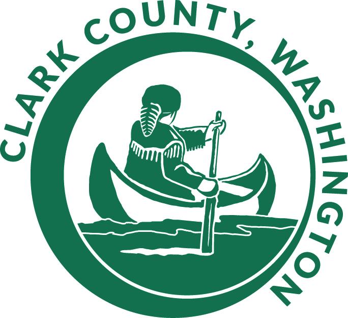 Clark County logo shows a person wearing a raccoon hat and buckskin jacket paddling a canoe